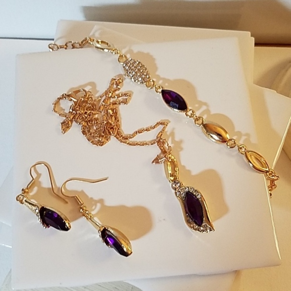 Dark Purple Rhinestones Gold Tone Set of 3